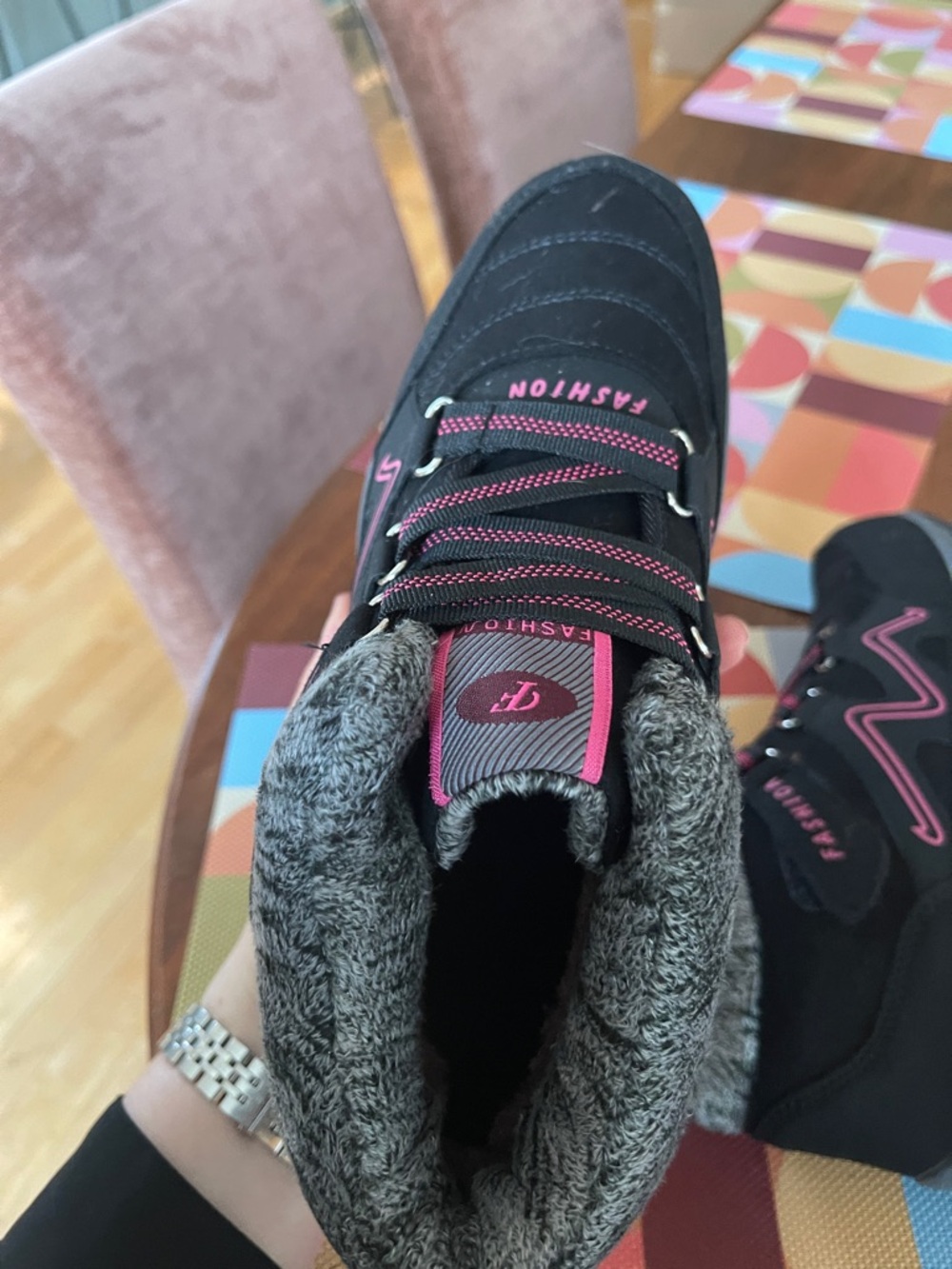 Black + Pink Faux-Fur Lace-Up Hiking Boots - Picture 7 of 10